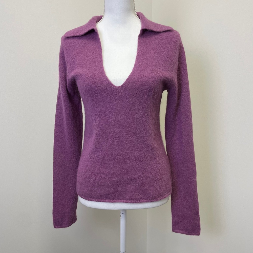 Vince Sweater Alpaca Wool Blend Collared Pullover Deep V Neck M Mauve Pink